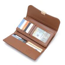 PRETTYZYS 1pc Premium Long Wallet, Solid Color ID Window Coin Purse, Multi-Card Slot Clutch Wallet, Fashionable Daily Travel Student Back To School Valentine's Day Gift - Brown - View 7