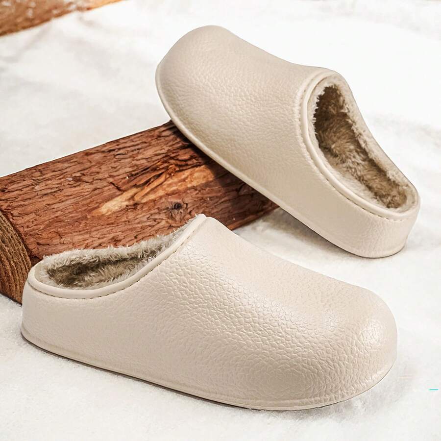Men Women Comfortable Slippers | Soft And Comfortable, Indoor Outdoor Dual Use, Wearable In Spring Autumn Winter, Unisex, Solid Color Fleece Design - Beige - View 1