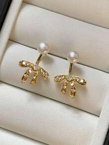 Pendientes de botón con diseño de lazo dulce vintage y perlas falsas, elegantes pendientes de estilo francés para mujeres - pendientes - Ver 8