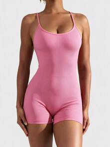 TCVC Jumpsuit Olahraga Wanita Warna Polos Tanpa Punggung, Jumpsuit Ketat Tanpa Lengan Model Racerback, Bernapas & Nyaman untuk Yoga, Olahraga di Gym, Cocok untuk Semua Musim, Jumpsuit Pembentuk Tubuh Warna Pink Musim Panas - Berwarna merah muda - View 2