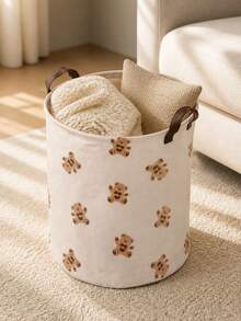 Bear Pattern Printed Foldable Laundry Basket With Laundry Clips, Breathable Fabric Dirty Clothes Storage Bin, Bedding Clips, Suitable For Bathroom And Bedroom - Multicolor - View 5