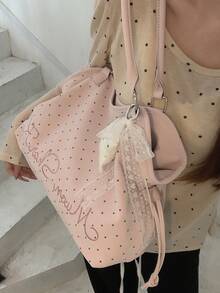Embroidered Polka Dot Tote Bag, Y2K Sweet Cool Style Shoulder Bag, Large Capacity Commuter Bag, No Pendant, No Pendant - Pink - View 6