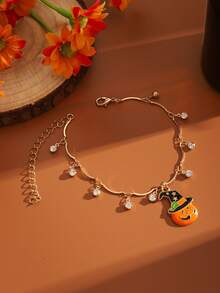 1pc Halloween Pumpkin Witch Hat Dangle Rhinestone Bracelet Adjustable Gold Wavy Chain Party Jewelry - Gold - View 5