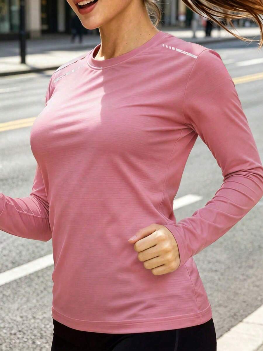 女款網眼透氣長袖春夏修身彈性戶外防曬運動跑步套裝,百搭舒適,粉色 - 粉色 - 查看 1