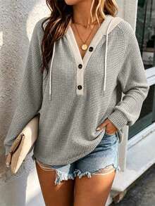 Plus Size Women's Waffle Knit Long Sleeve Hooded Top With Drawstring And Button Details, Slim Fit Regular Length Pullover, Suitable For Daily Wear - Grey - View 3