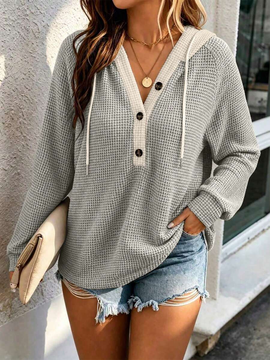 Plus Size Women's Waffle Knit Long Sleeve Hooded Top With Drawstring And Button Details, Slim Fit Regular Length Pullover, Suitable For Daily Wear