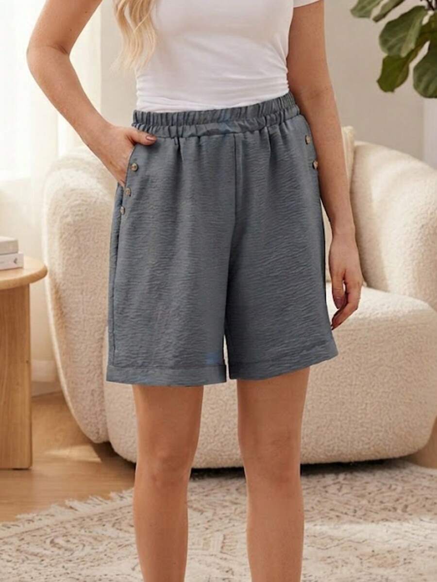 Plus Size Women Button Decor Pockets Relaxed Casual Shorts - Dark Grey - View 1