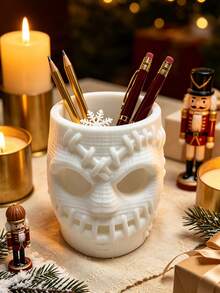 Cubo de almacenamiento multiusos con diseño de calavera cosida creativa, organizador de brochas de maquillaje de Halloween espeluznante, soporte de papelería para tocador, decoración de mesa festiva atmosférica - Multicolor - Ver 11