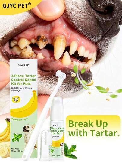 GJYC PET 3pcs Dog Teeth Care Set - Banana Mint Flavor Dog Toothpaste, Toothbrush And Silicone Finger Brush, Effectively Controls Tartar, Removes Plaque, Freshens Breath, Cares For Gum Health