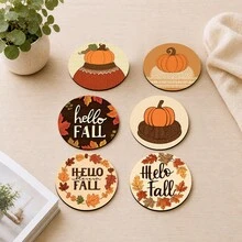 6pcs Autumn Theme Home Decor Diatomaceous Earth Coasters, Beverage Coasters, Coffee Coasters, Mug Coasters, Tea Coasters, Vintage Hand-Painted Style, Pumpkin & Maple Leaf Pattern, Heat-Insulated Desktop Protection, Autumn Home Gift, Suitable For Dining Table, Coffee Table, Kitchen Decor, Thanksgiving Party And Autumn Home Decoration - Multicolor - View 6