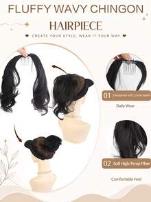 Synthetic Self Wrapping DIY Ponytail Hair Bun Design ﻿Women Fluffy Wavy Curly Ponytail Chignon Hair Bun With Comb Teeth, Soft High Temp Fiber Clip In Updo Hairpiece Daily Hairstyle - Multicolor - View 5