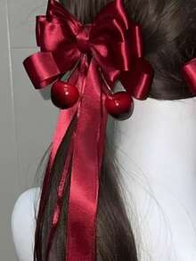 1/2pcs Burgundy Satin Long Bow Hair Clips, Japanese JK Style Sweet Girl Twin Ponytail Cute Cherry Exquisite Hair Accessories - Red - View 5