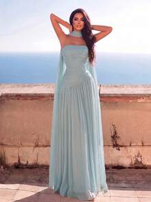 Gaun Maxi Tanpa Lengan Berbahan Chiffon Romantis untuk Wanita, Desain Dada Berkerut Tanpa Lengan yang Elegan, Bagian Bawah Mengembang, Cocok untuk Acara Formal, Pesta Pernikahan, dan Musim Gugur. - Mint Green - View 6
