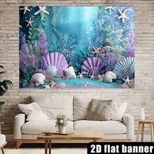 2D Flat Banner Mermaid Ocean Theme Photography Backdrop - Purple And Blue, Starfish And Shell Pattern, Suitable For Birthday Party And Photo Booth, Multi-Functional Polyester Decoration - Multicolor - View 3