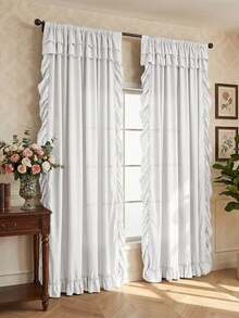 1pc Minimalist Solid Color Lace Trim Curtains, American Style Semi-Sheer Privacy Curtains For Bedroom Windows, Living Room Breathable Curtains, Home Window Decor, Holiday Decoration, Living Room Curtains - White - View 7