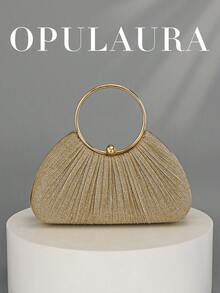 OpulAura 女款金屬感奢華晚宴手拿包，亮金色線條派對手提包，低調奢華，亮片晚宴包，正式禮服包，適合搭配舞會、派對、婚禮、新娘、伴娘、生日禮服，手持晚宴包，手拿包 - 金色 - 查看 1