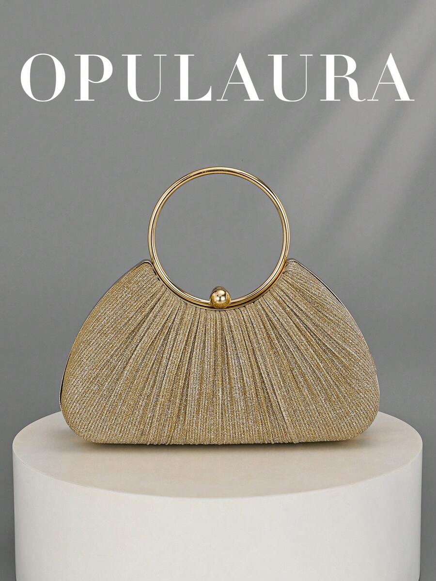 OpulAura 女款金屬感奢華晚宴手拿包,亮金色線條派對手提包,低調奢華,亮片晚宴包,正式禮服包,適合搭配舞會、派對、婚禮、新娘、伴娘、生日禮服,手持晚宴包,手拿包 - 金色 - 查看 1