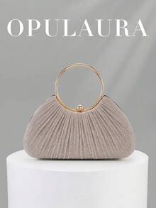 OpulAura 女款金屬質感奢華晚宴手拿包，亮金色線條派對手提包，靜奢風亮片晚宴包，禮服搭配包，適合舞會、派對、婚禮、新娘、伴娘、生日禮服，手持晚宴手拿包 - 金色 - 查看 1