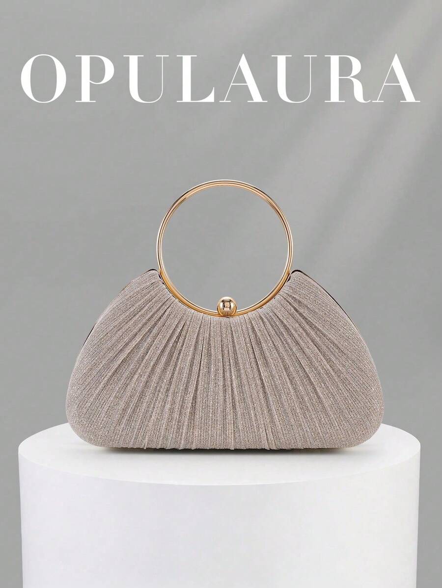 OpulAura 女款金屬質感奢華晚宴手拿包,亮金色線條派對手提包,靜奢風亮片晚宴包,禮服搭配包,適合舞會、派對、婚禮、新娘、伴娘、生日禮服,手持晚宴手拿包 - 金色 - 查看 1