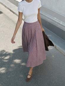 ARMONIAS Women's High-Waisted Midi Skirt With Elastic Wide Waistband, Front Pleats And Full Flare, Cotton Blend For Daily Wear And Office - Burgundy - View 4