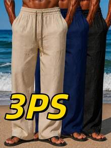 3pcs Men's Linen Straight Leg Casual Pants, Suitable For Daily Outdoor Casual Wear - Khaki - View 7
