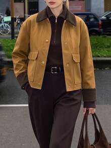 Jaket Pendek Wanita Musim Gugur dengan Kancing Depan, Manset dan Kerah Bergaris Kontras, Mantel Elegan untuk Perayaan Liburan dan Aktivitas Sehari-hari - Mocha Brown - View 8