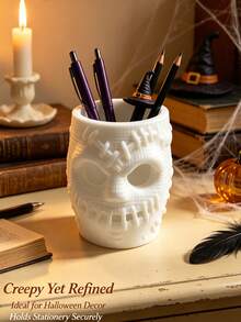 Cubo de almacenamiento multiusos con diseño de calavera cosida creativa, organizador de brochas de maquillaje de Halloween espeluznante, soporte de papelería para tocador, decoración de mesa festiva atmosférica - Multicolor - Ver 7