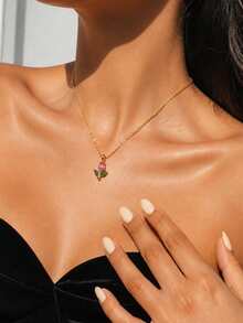 VceTd 1/2/3PCS Romantic Cute Style Stainless Steel Women's Jewelry Set With Pink Glass Inlaid Heart/Rose Pendant Design, Suitable For Women's Daily Wear, Date, Or Gift - Yellow Gold - View 3