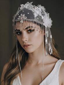 European Vintage Mesh Bridal Headpiece, Long Draping Rhinestone Chain Tassel, Handmade Flower & Pearl Bridal Accessory - Multicolor - View 4