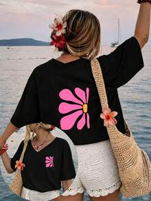 Women's Plus-Size Clothing: T-Shirt With A Geometric Pattern On The Front And Back, Suitable For Casual Holidays; Relaxed Fit, Short Sleeves - Black - View 1