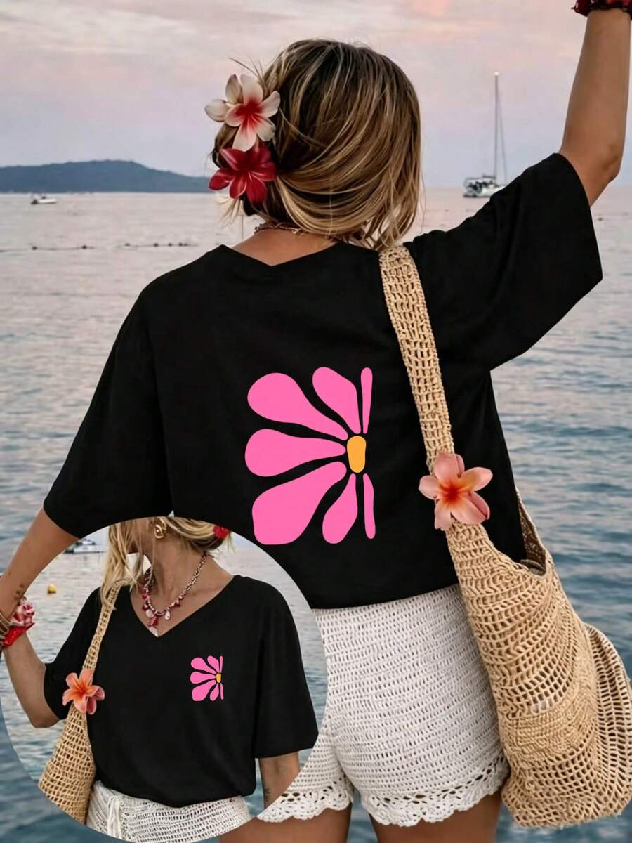 Women's Plus-Size Clothing: T-Shirt With A Geometric Pattern On The Front And Back, Suitable For Casual Holidays; Relaxed Fit, Short Sleeves - Black - View 1