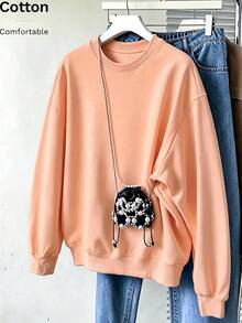 Women's Casual Peach Long Sleeve Pullover Sweatshirt Round Neck Drop Shoulder Rib-Knit Top For Daily Wear Fall & Winter  Outfits,Y2k Streetwear - Hami Melon Orange - View 8
