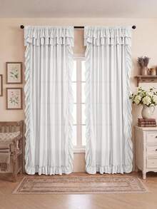 1pc Minimalist Solid Color Lace Trim Curtains, American Style Semi-Sheer Privacy Curtains For Bedroom Windows, Living Room Breathable Curtains, Home Window Decor, Holiday Decoration, Living Room Curtains - White - View 8