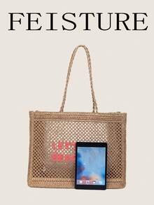 Summer Straw Tote Bag, Embroidered Mesh Beach Bag, Large Woven Shoulder Bag Suitable For Vacation And Daily Use - Khaki - View 7
