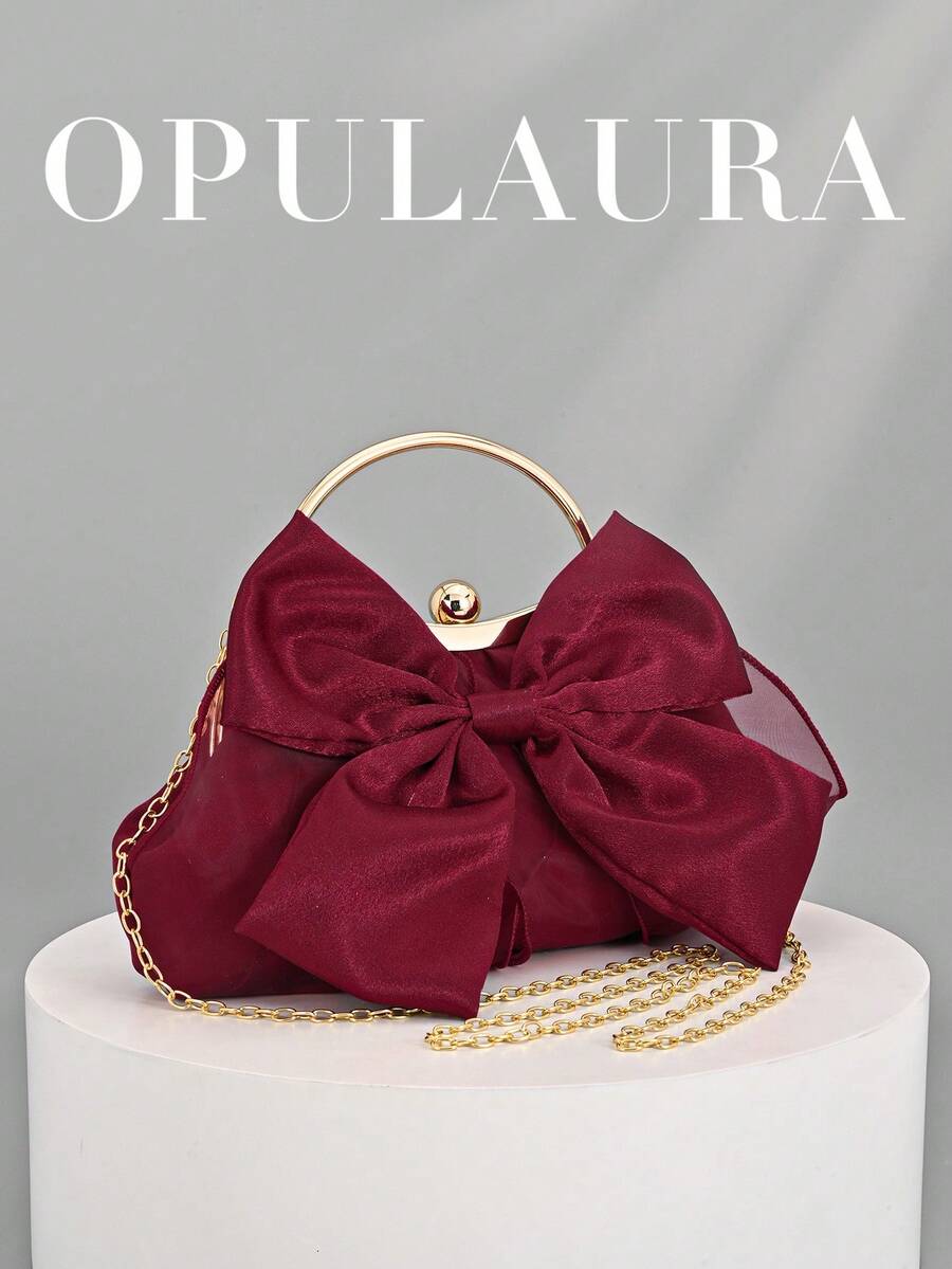 OpulAura 女士优雅迷人花瓣宴会手拿包,荷叶边设计,适合搭配晚礼服,可用于婚礼/度假/正式派对/舞会等场合,配有链条 - 酒紅色 - 查看 1