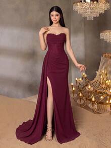 ALISA&LEO Exquisite Spaghetti Strap Lace Maxi Dress For Teens, With Boning Waist Detail And Side Slit, Suitable For Evening, Party, Dinner And Celebration - Burgundy - View 3