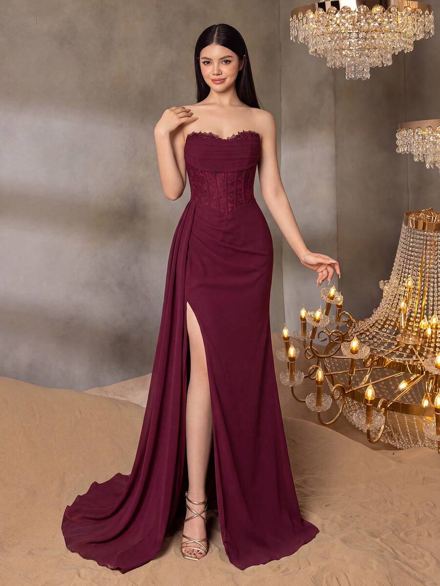 ALISA&LEO Exquisite Spaghetti Strap Lace Maxi Dress For Teens, With Boning Waist Detail And Side Slit, Suitable For Evening, Party, Dinner And Celebration - Burgundy - View 1