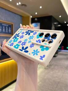 1pc Fashion Pure Android TPU Material Large Blue Flower Element Pattern Lens Protection Thick Anti-Fall Anti-Fingerprint Beige Diamond Sand Phone Case Suitable For Samsung/Transsion/HONOR/ - Beige - View 3