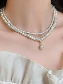 1pc Elegant Minimalist Faux Pearl Necklace, Fashionable Design, Collarbone Chain, Versatile Accessory - White - View 2