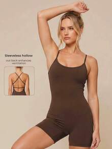 Women's One-Piece Backless Yoga Jumpsuit, Adjustable Criss-Cross Back, Tummy Control, Slimming, Short Athletic Jumpsuit Sports - Coffee Brown - View 2
