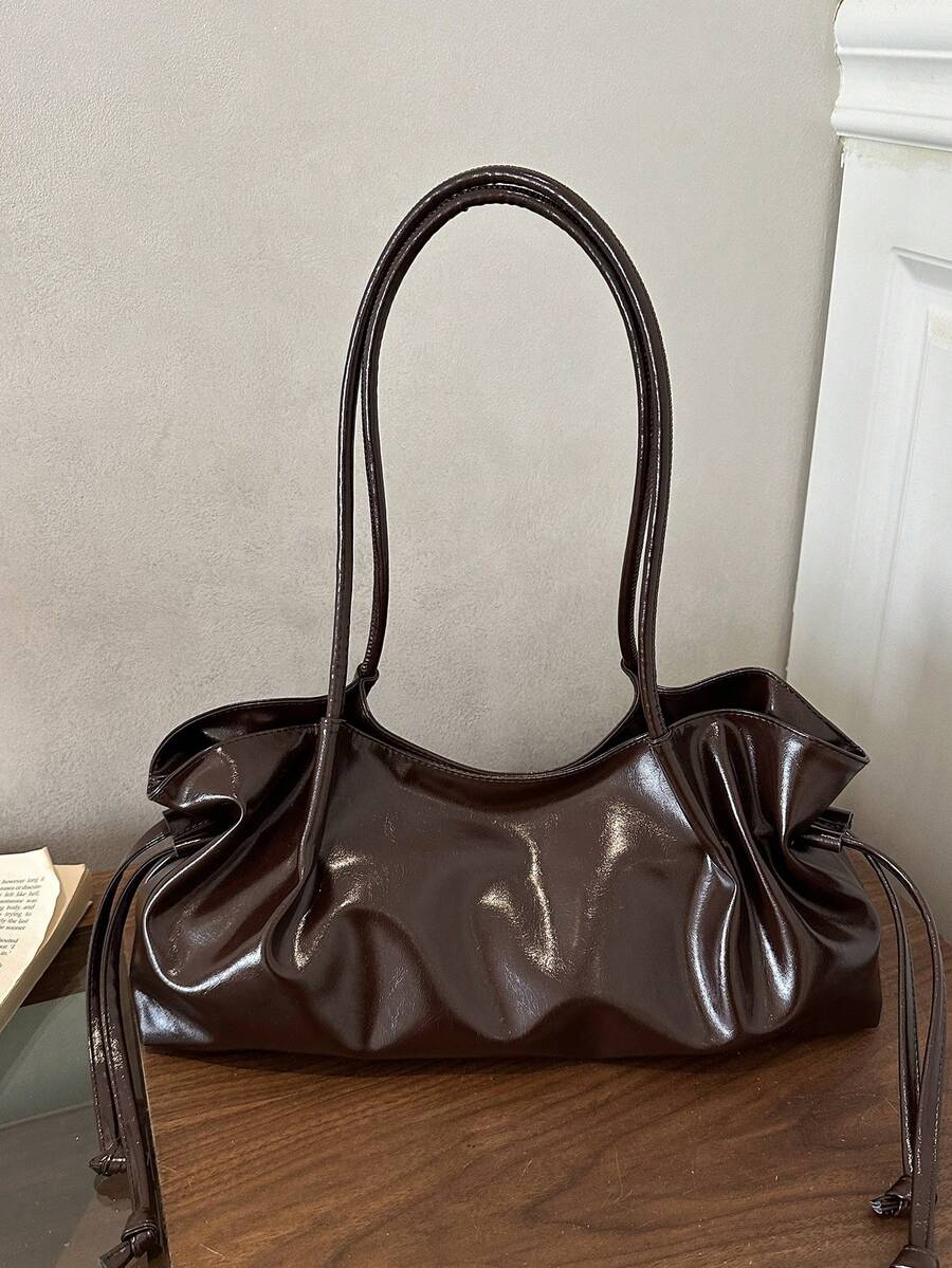 Cross-Border Korean Style Commuter Fashion New Large Capacity Pleated Drawstring Casual Minimalist Chic Shoulder Tote Bag - Coffee - View 1