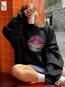Oversized Women's Sweatshirt For Autumn/Winter, Casual Daily Wear, Long Sleeve Hoodie, Outerwear Top, Y2K, Letter Slogan Graphic, Unisex,Black - Black - View 4