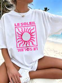 Eternal Classic Cotton T‑Shirt, Retro Sun Symbol Frame Motif Print, Urban Girl Vibe Top, Spring‑Summer Holiday Travel City Life Dating Outfit - White - View 1