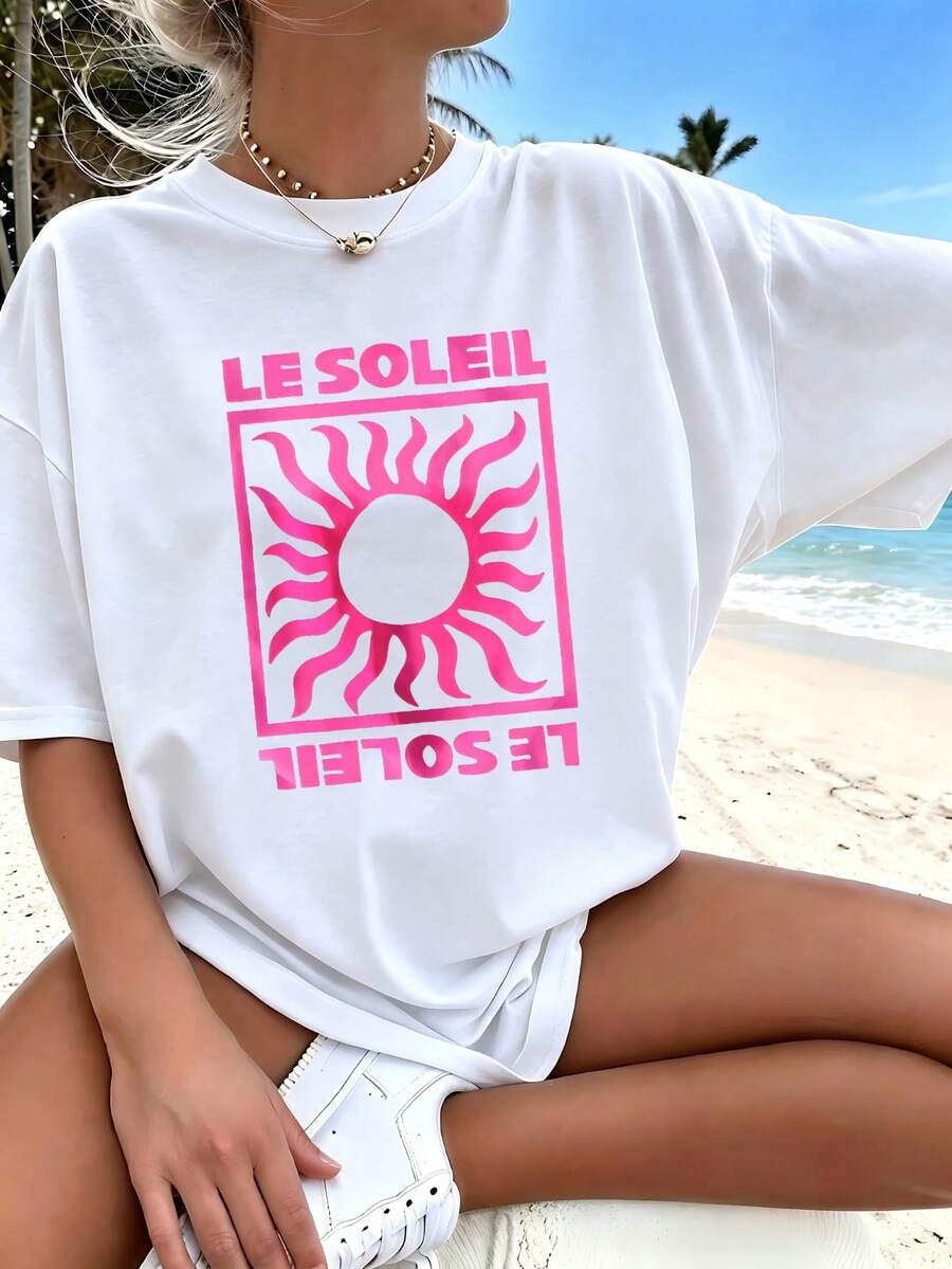 Eternal Classic Cotton T‑Shirt, Retro Sun Symbol Frame Motif Print, Urban Girl Vibe Top, Spring‑Summer Holiday Travel City Life Dating Outfit - White - View 1