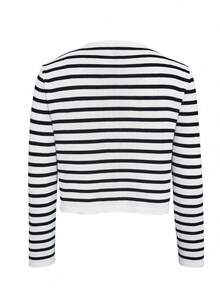 Women's Autumn Elegant Striped Round Neck Knit Cardigan, Versatile Fashion Casual Sweater, Commuter Vintage Jacket - Black and White - View 9