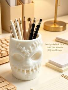 Cubo de almacenamiento multiusos con diseño de calavera cosida creativa, organizador de brochas de maquillaje de Halloween espeluznante, soporte de papelería para tocador, decoración de mesa festiva atmosférica - Multicolor - Ver 9
