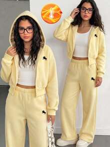 Tween Girls Autumn/Winter Casual Sports Set, Plaid Lining Hooded Zip-Up Light Yellow Thermal Lined Thick Sweatshirt Jacket With Loose Sweatpants, Pony Print Warm Set - Yellow - View 3