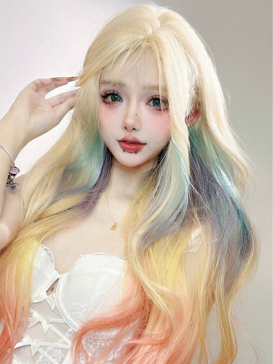 alicegarden 28-Inch Long Synthetic Wig Featuring A Natural Wavy Style In A A Stunning Multicolor. Designed With Bangs , This False Hairpiece Is Perfect For Ms Halloween Cosplay Daily Use, Offering A Natural And Natural Durable Wig Gift For Ladies. - Multicolor - View 1