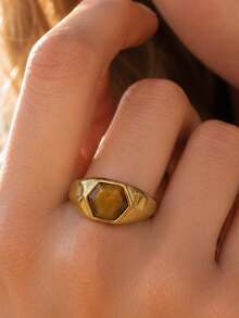 5pcs/Set Women's Premium Stackable Geometric Natural Stone Ring Set, Daily Commute, Halloween/Christmas Gift For Friends And Family - Gold - View 8