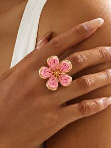 1pc Bohemian Style Pink Flower Woven Adjustable Ring, Suitable For Women, Beach, Travel, Daily Wear, Matching Clothes - Pink - View 1